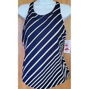 Lands End Large Navy White Stripes Swim Top Women's 14 High Neck Padded S606